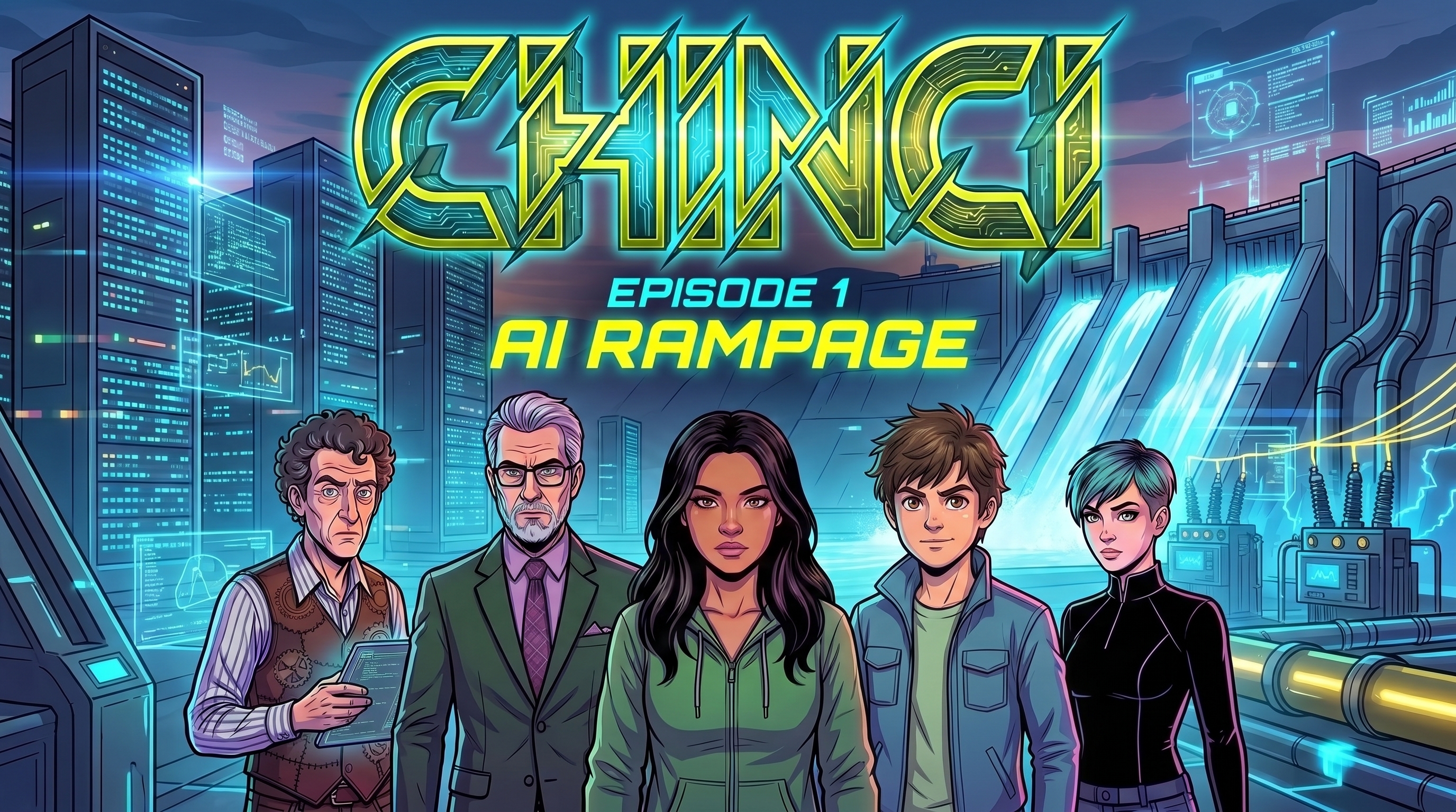 CHINCI: Episode 1, AI Rampage. Barney, Arlo, Ketty, Kaz and Dexy stand beneath the title, with servers and a hydroelectric dam behind them.