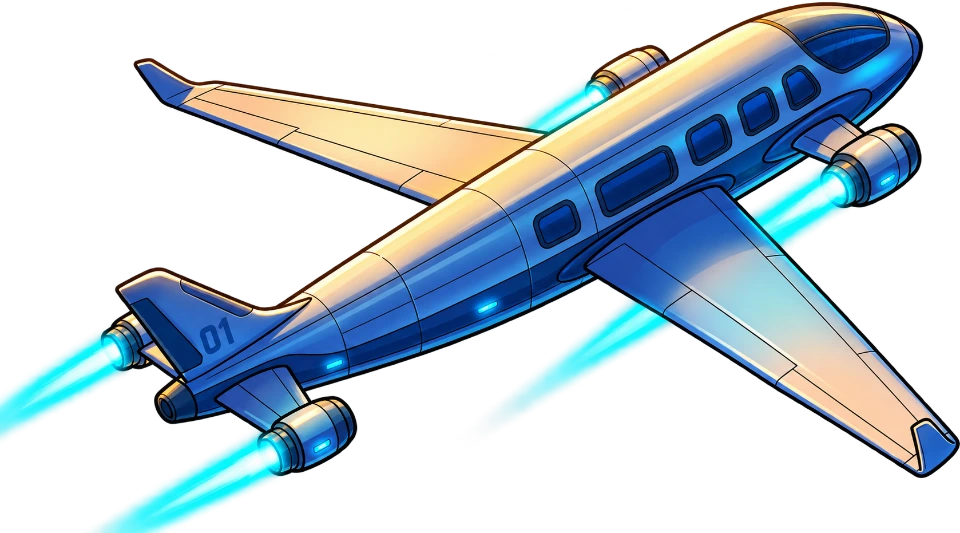The team's futuristic aircraft above the clouds.