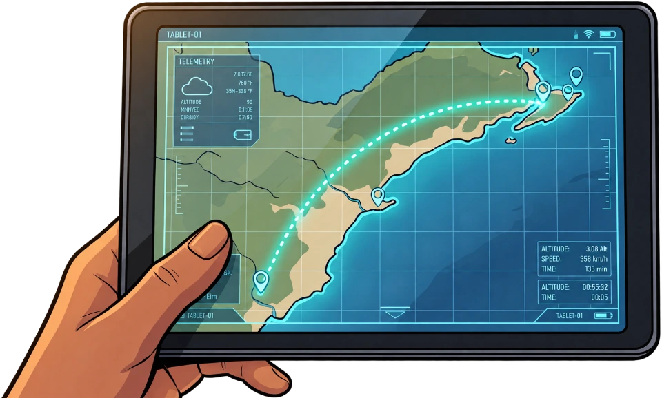 A handheld tablet tracing the team’s next journey.
