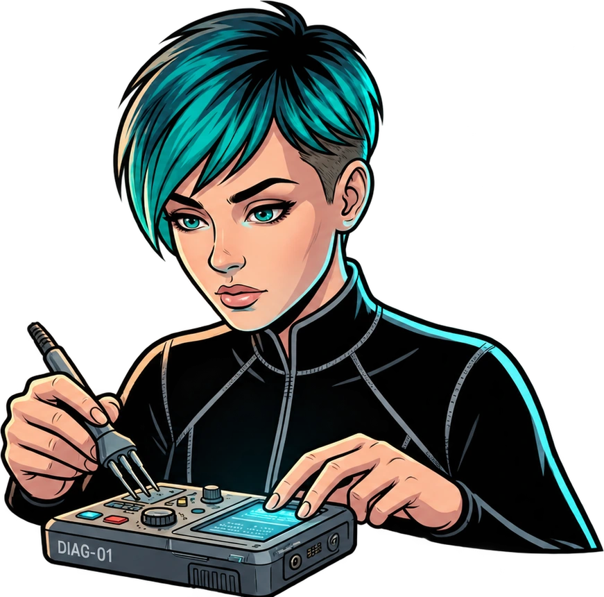 Dexy with her diagnostic instrument.