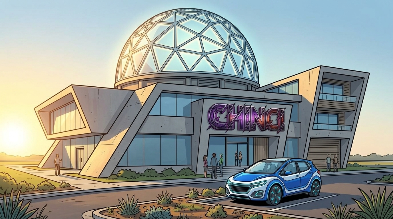 Morning sunlight falls across Chinci Headquarters, its glass dome and a blue car outside.