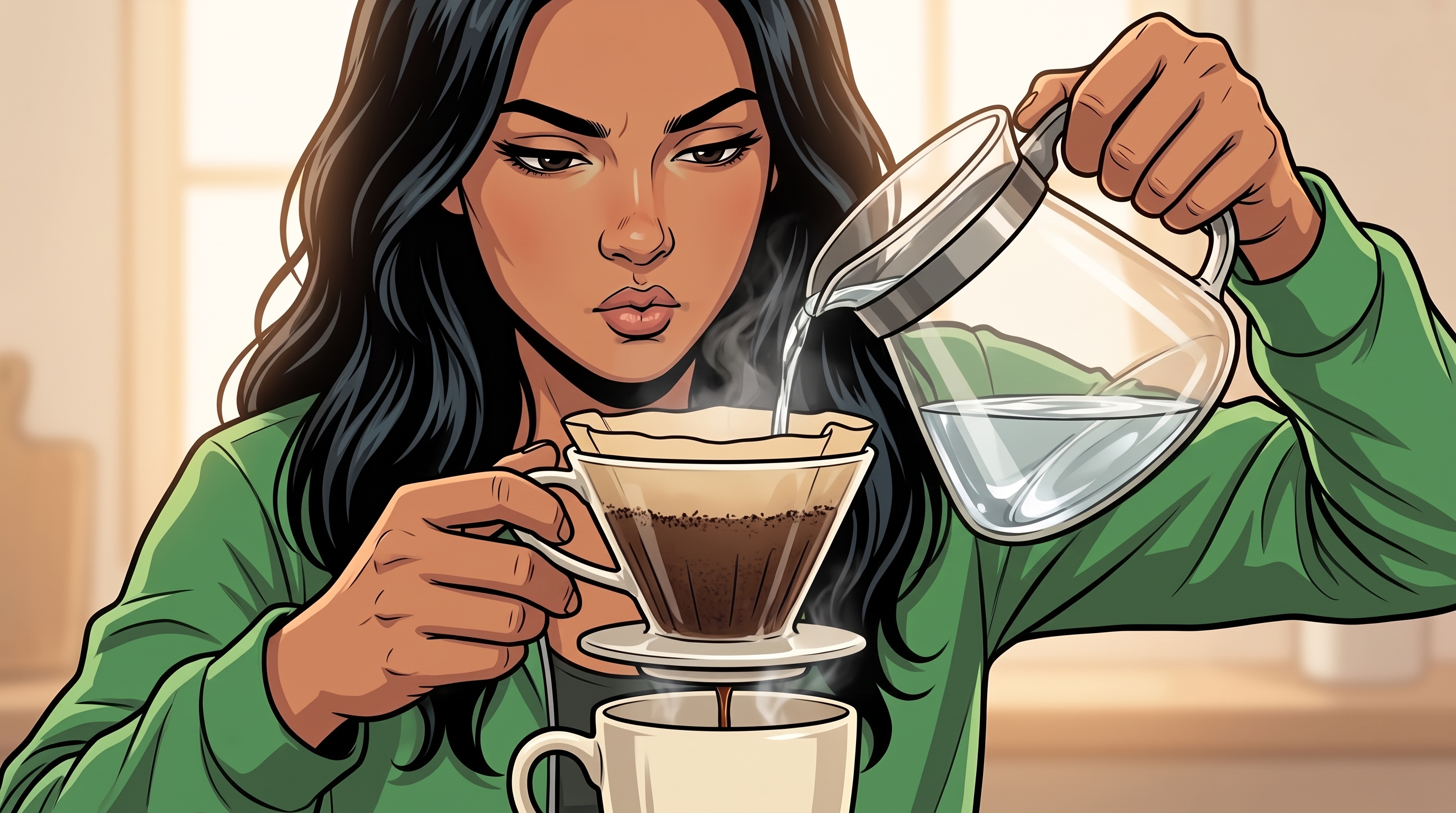 Ketty pours hot water through a coffee filter into an ivory mug.