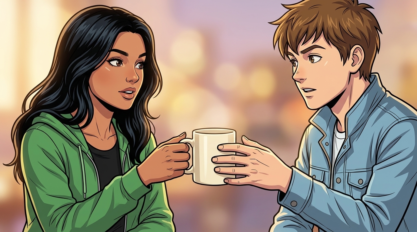 Ketty holds an ivory mug as Kaz reaches toward it; both look playfully impatient.