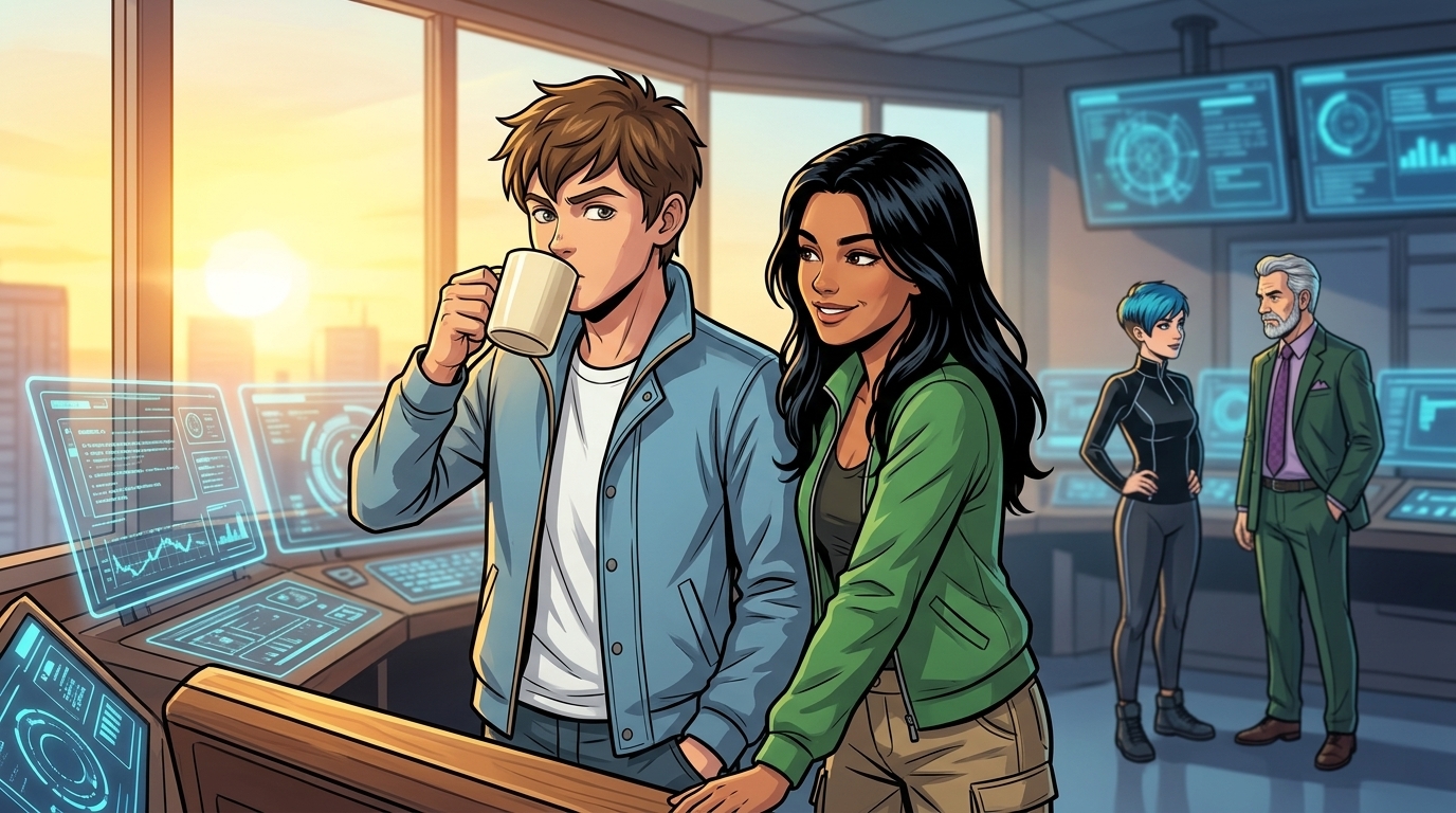 Kaz tastes the coffee while Ketty smiles beside him. Dexy and Arlo stand farther back.