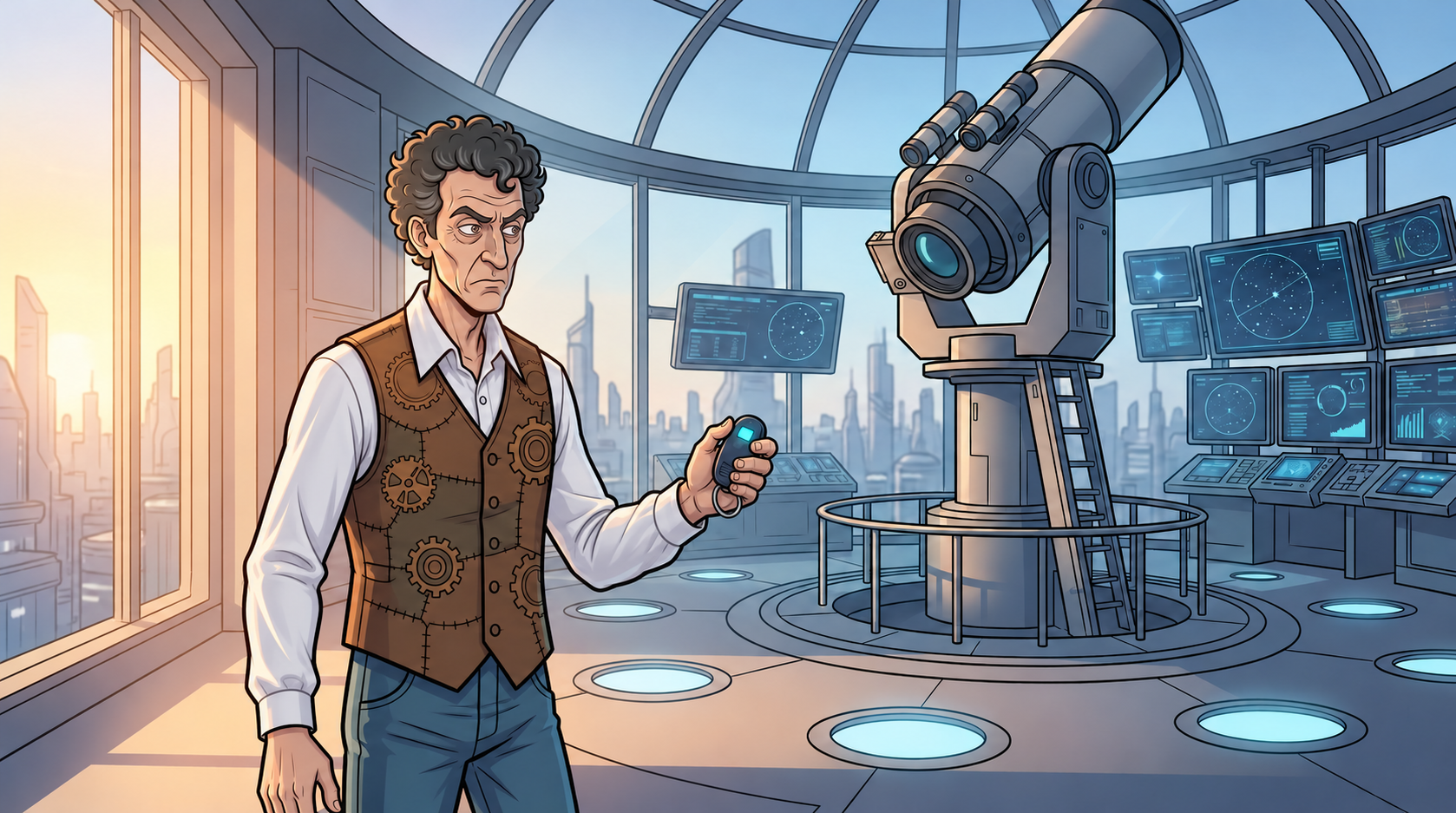 Barney holds a car key fob in the glass-domed headquarters.