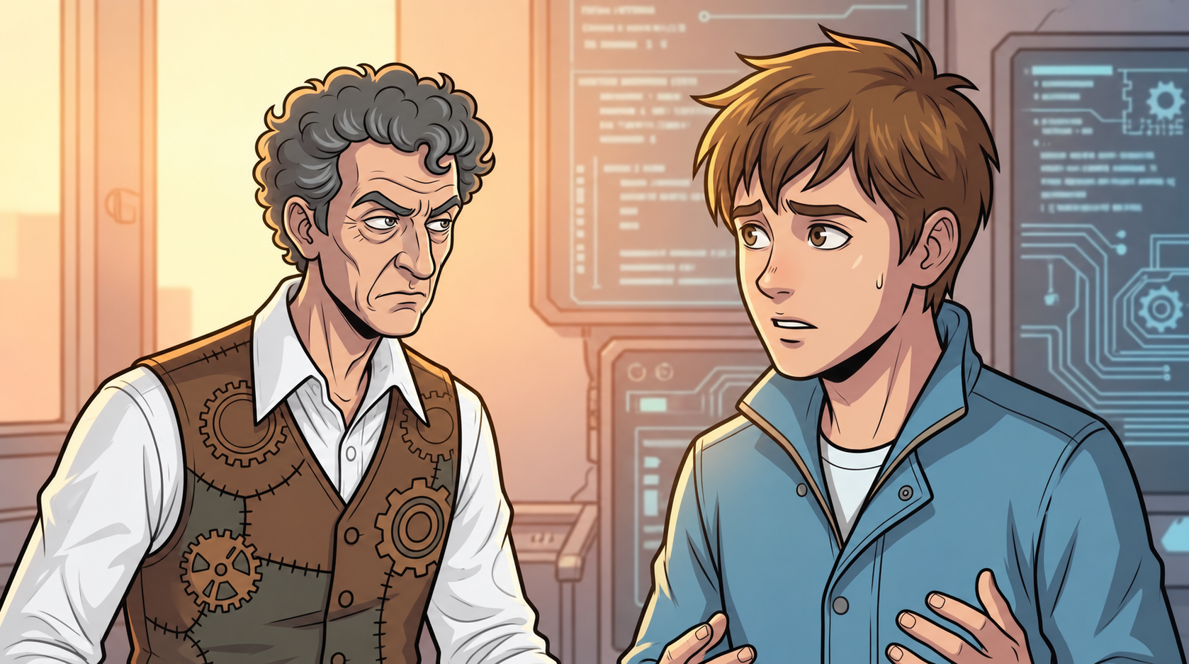 Barney regards Kaz skeptically while Kaz gestures in reply.