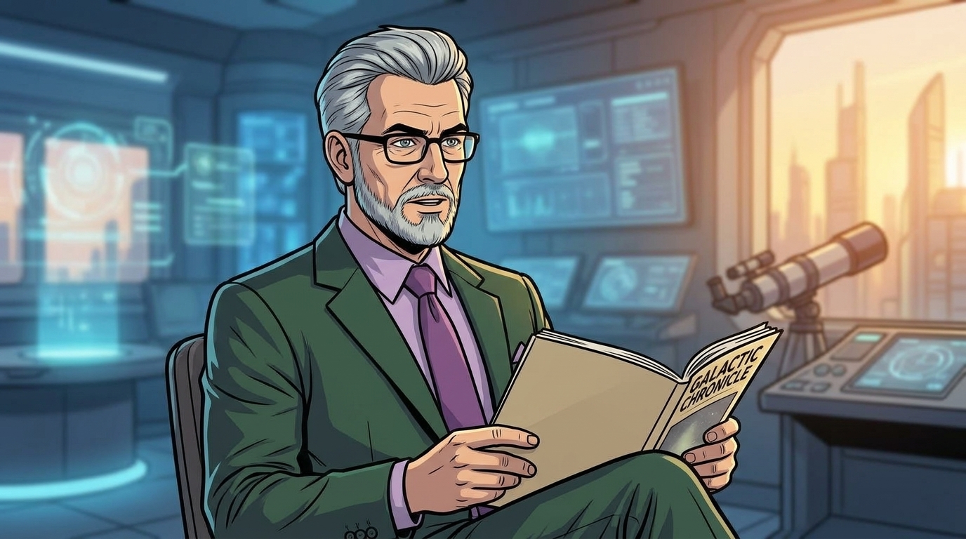 Arlo looks up from his reading, wearing glasses and a dark suit.