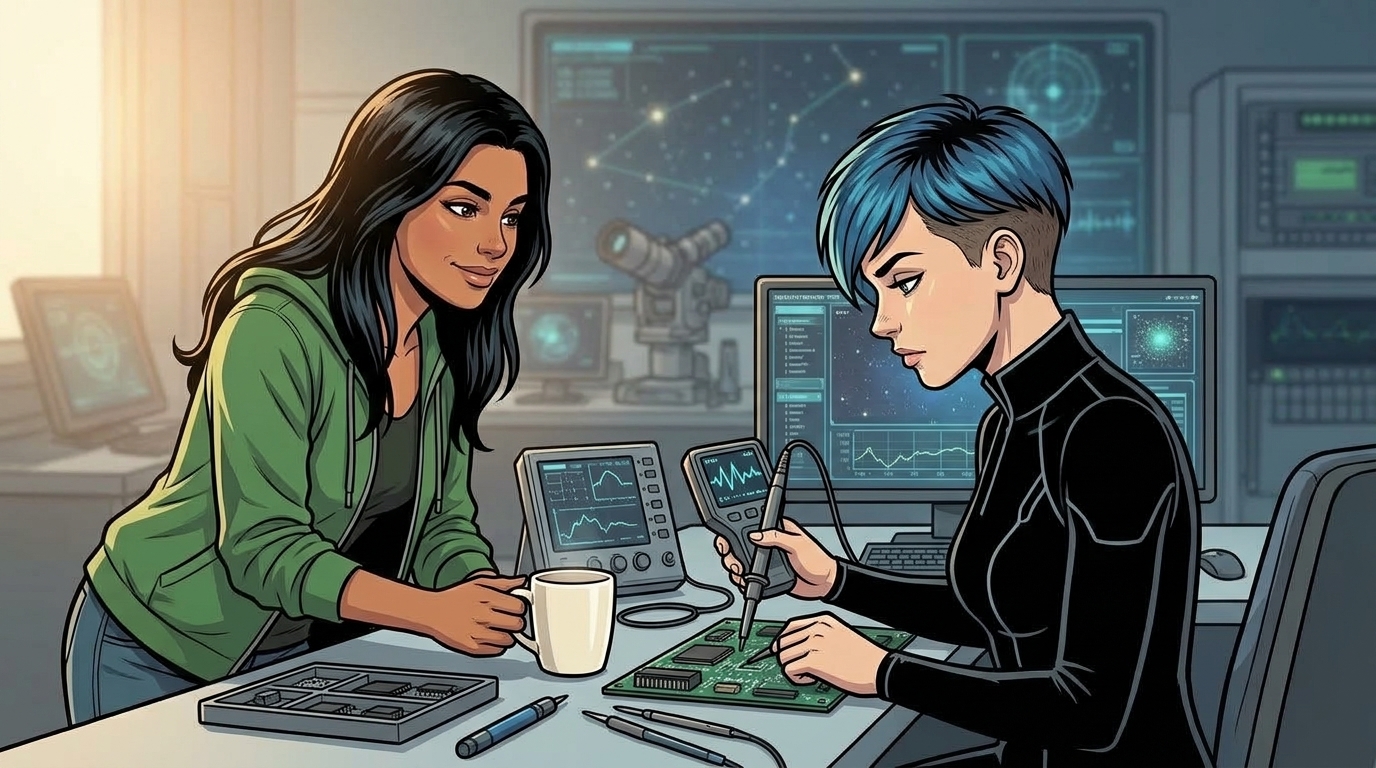 Ketty brings an ivory coffee mug to Dexy, who is still testing a circuit board.