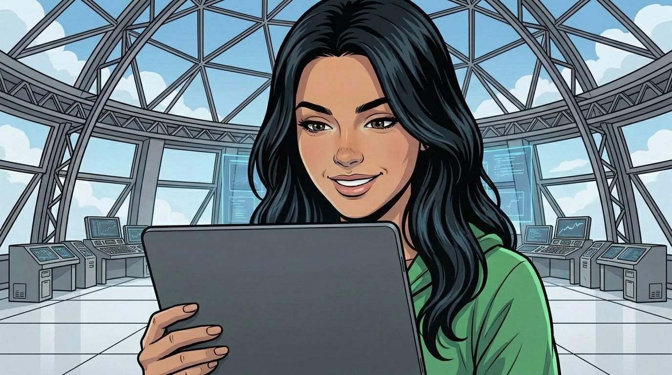 Ketty smiles at a tablet. Its back faces the reader; a separate incoming-call card appears beside her.