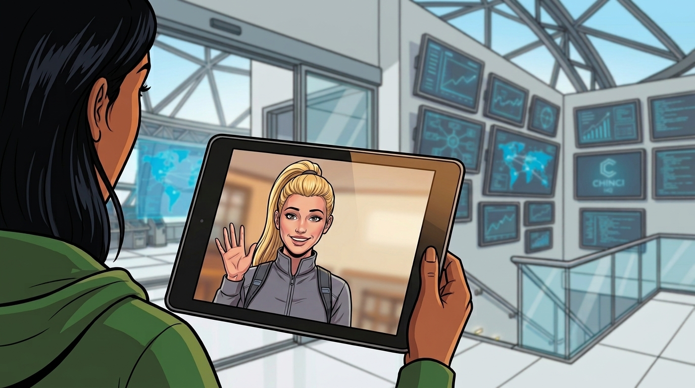 Ketty holds a tablet showing Mina smiling and waving from a café.