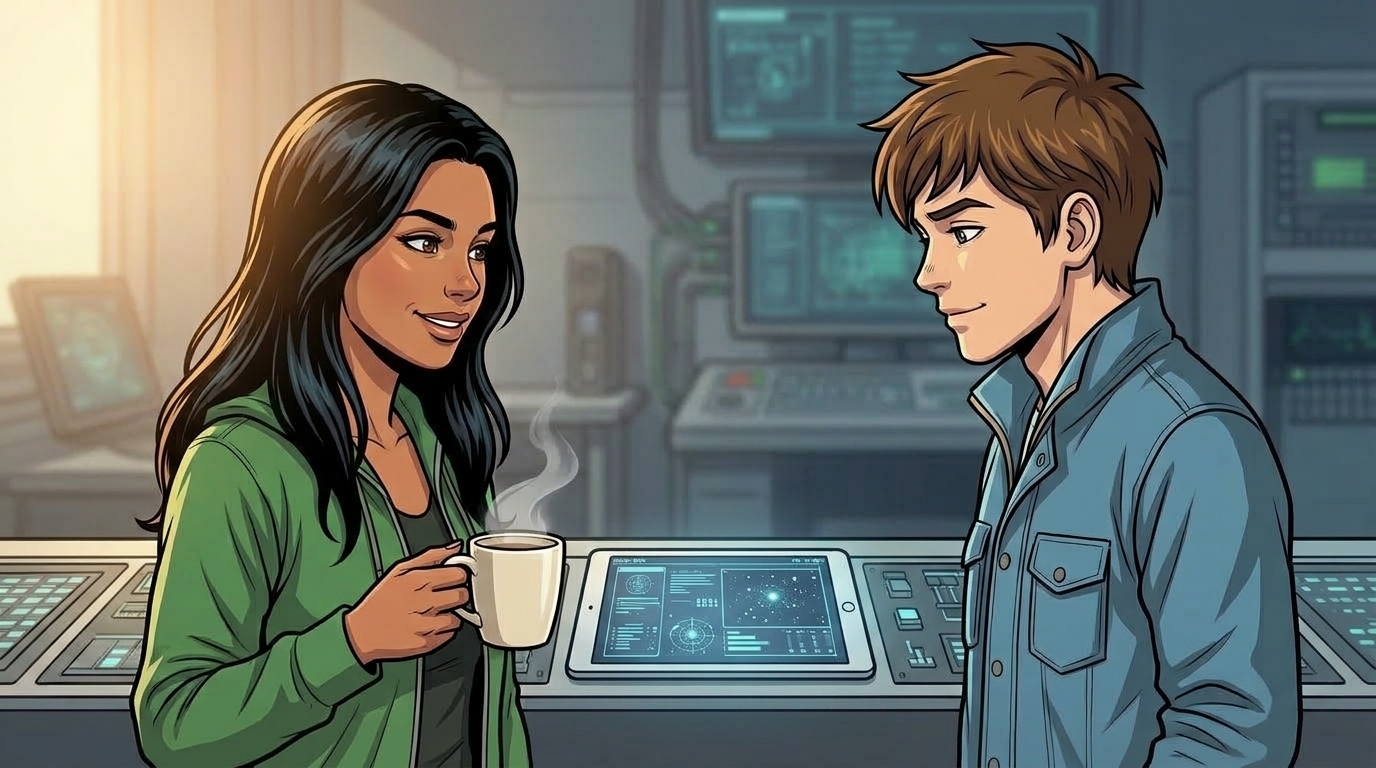 Ketty and Kaz share a warm exchange beside a cup of coffee and a tablet.