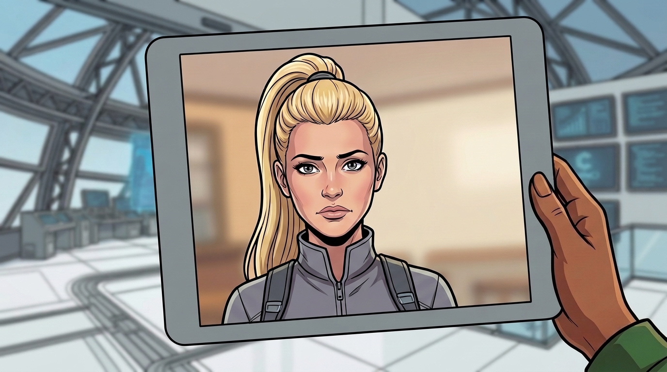 On the tablet, Mina has stopped smiling and looks troubled.