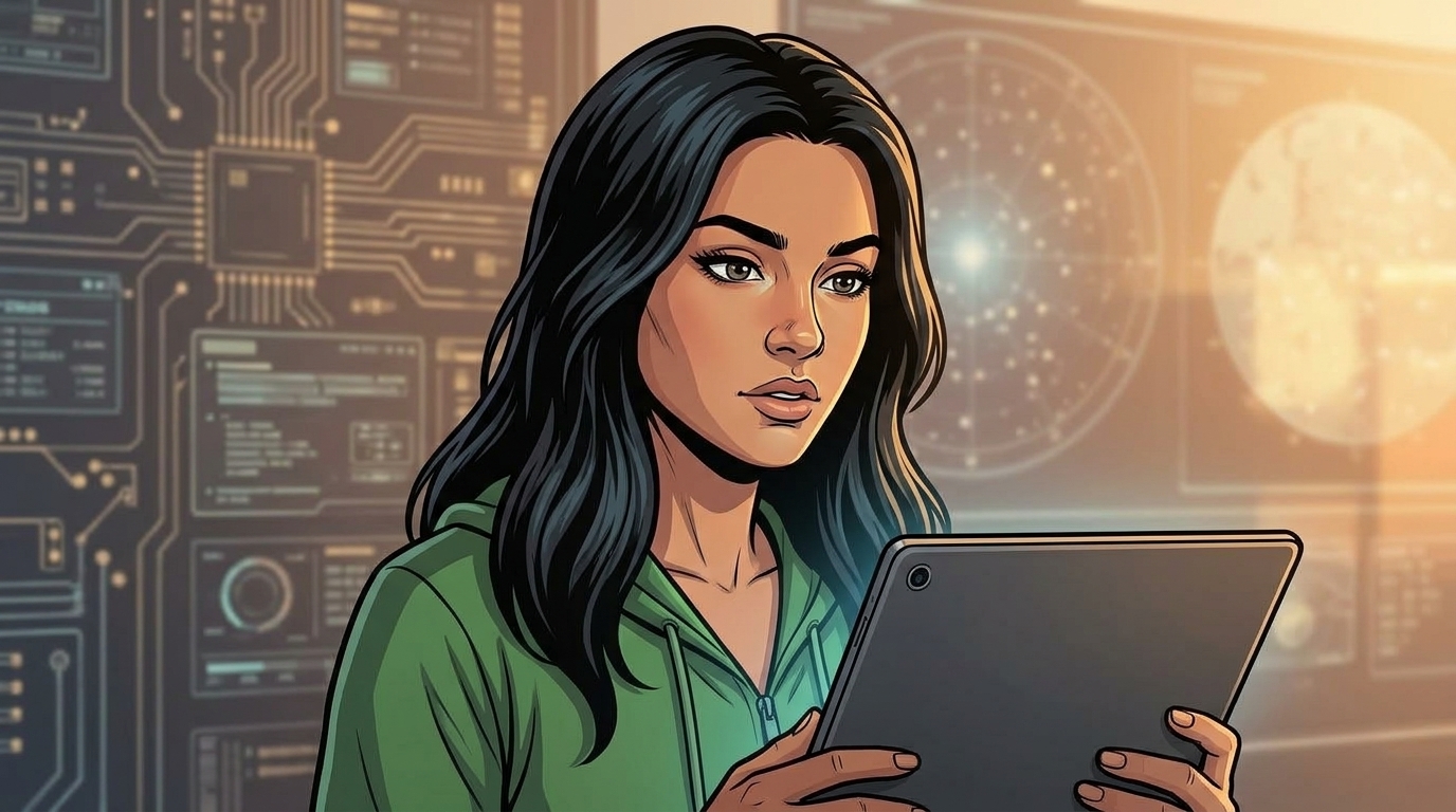Ketty listens with concern while holding the tablet with its back toward the reader.