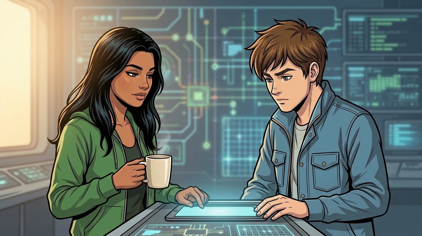 Kaz and Ketty consider the tablet together at the counter.
