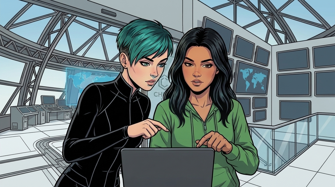 Dexy points toward the tablet as she and Ketty inspect its display.