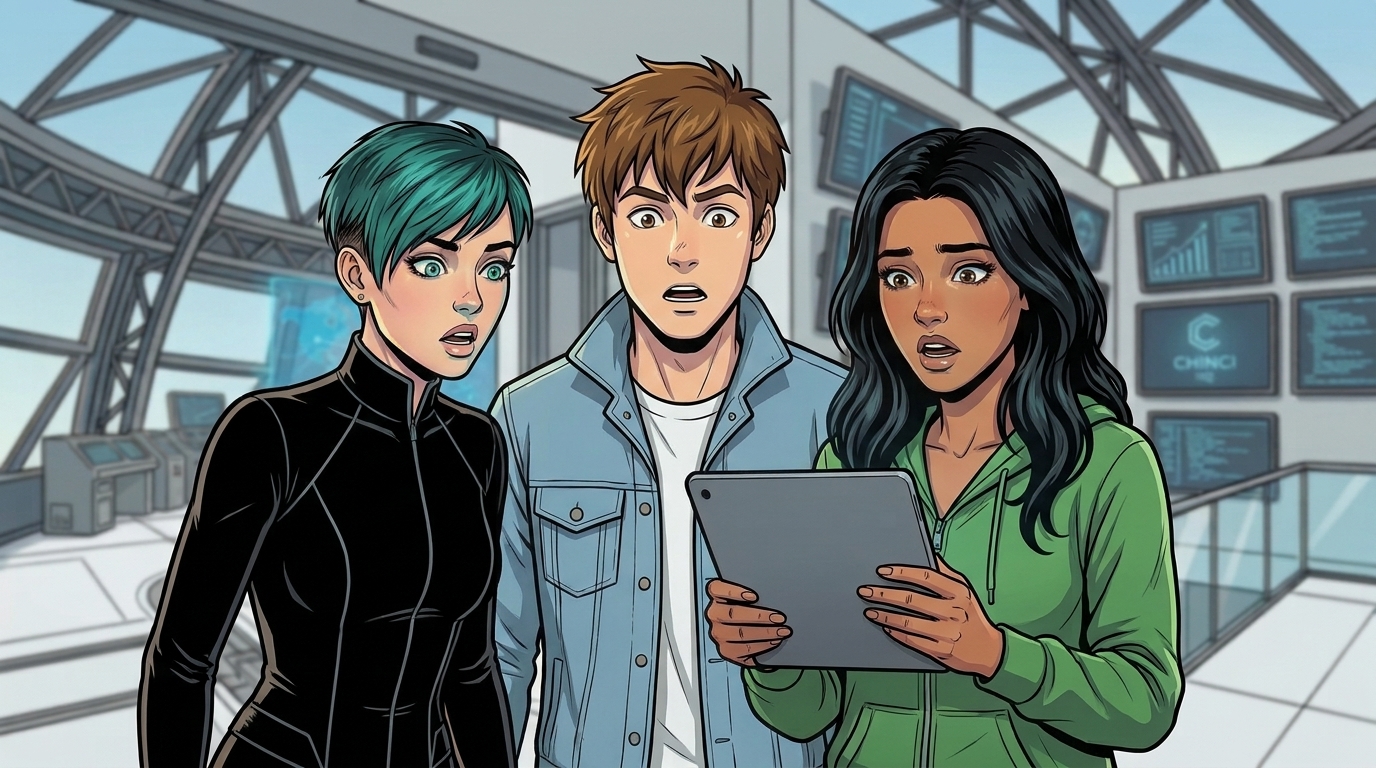 Dexy, Kaz and Ketty gather around the tablet, concerned by what they have seen.