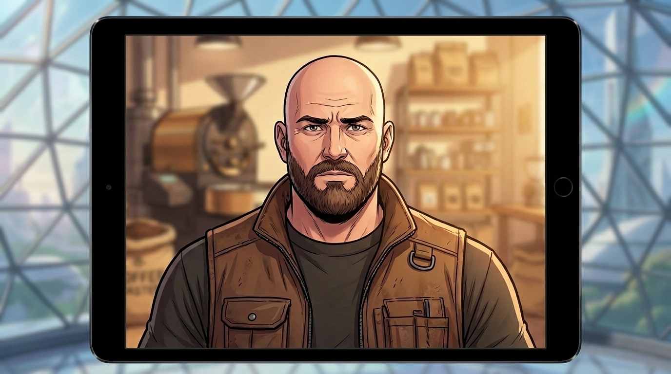 Ren appears on the tablet video call, wearing a brown vest with a coffee roaster behind him.