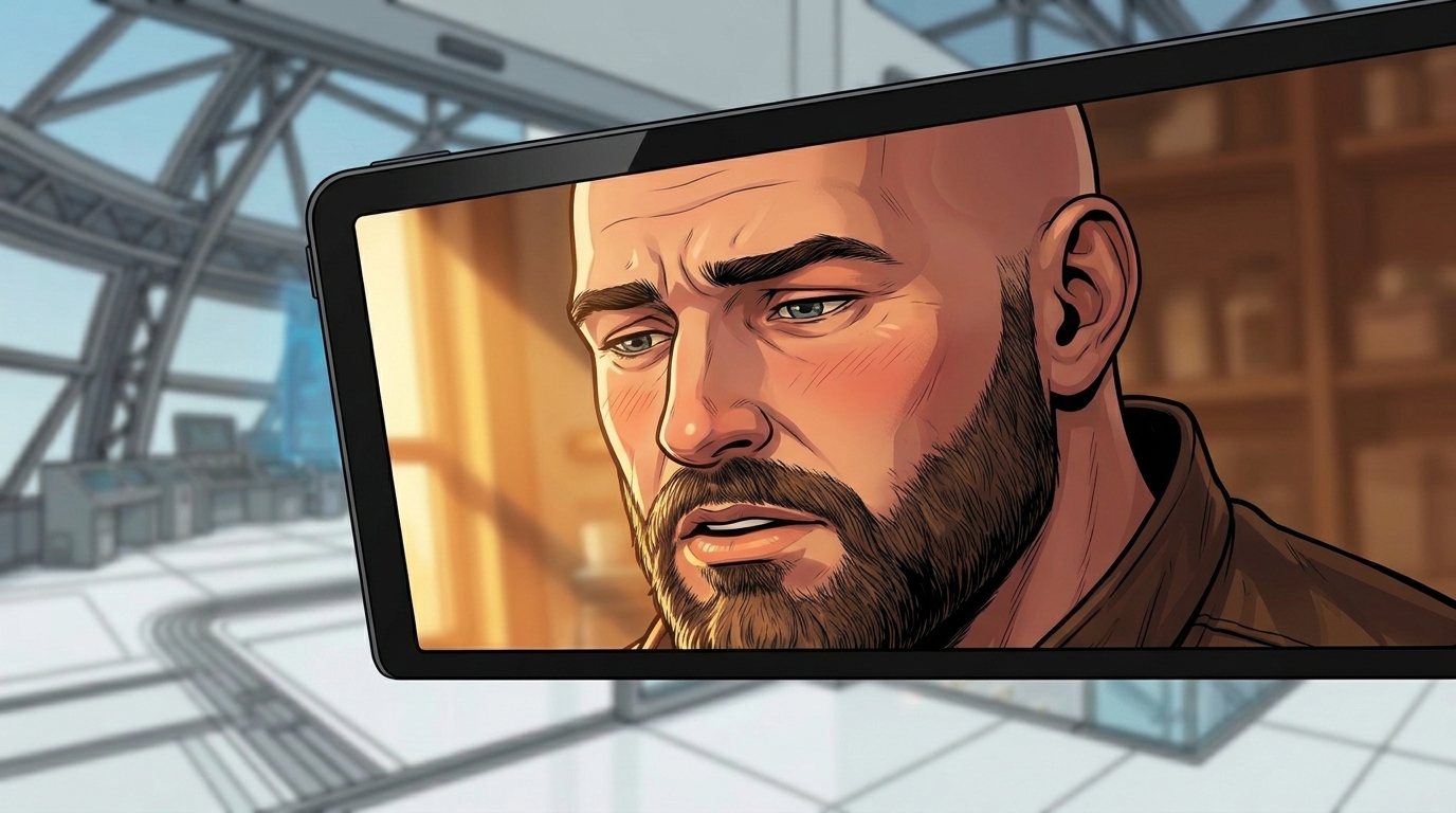 Ren looks apologetic on the tablet call, with coffee equipment behind him.