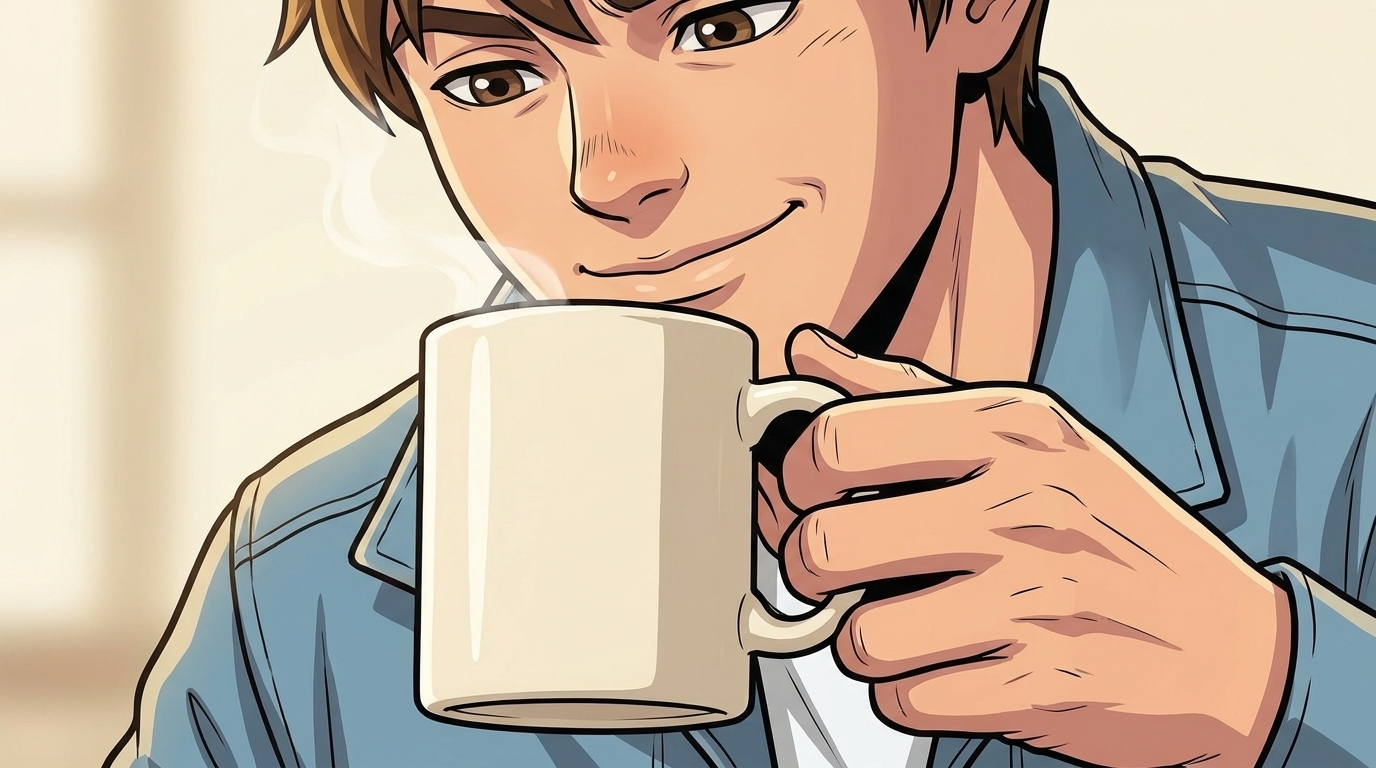 Kaz raises an ivory mug with a wry smile.