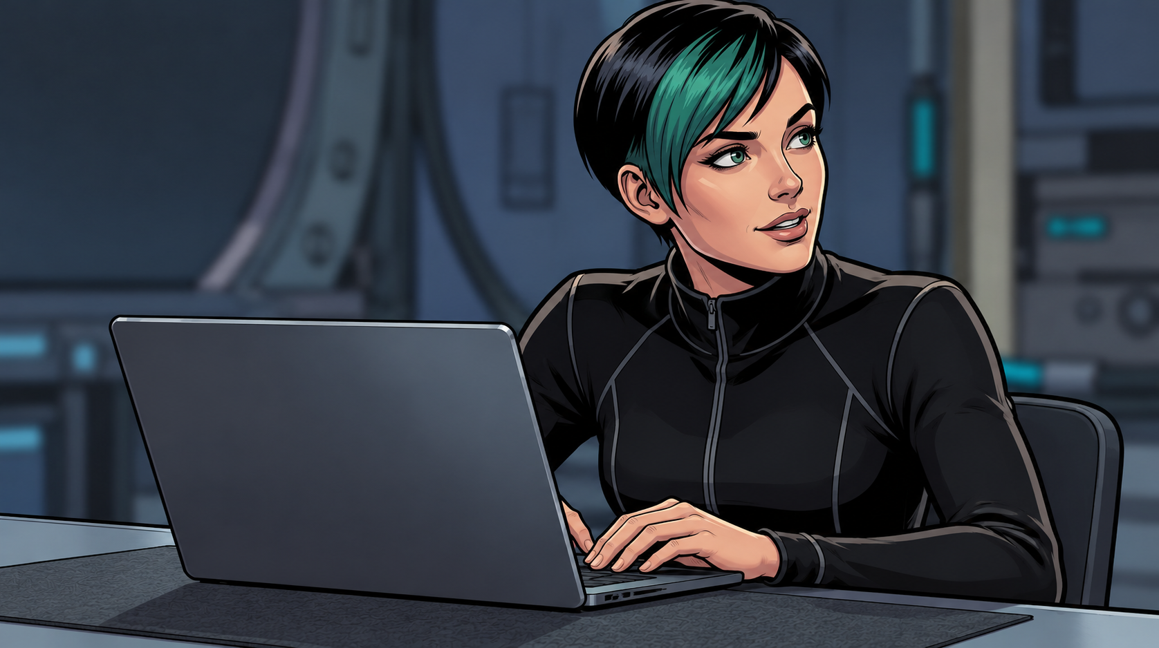 Dexy works behind an open laptop and speaks to her companions off camera.