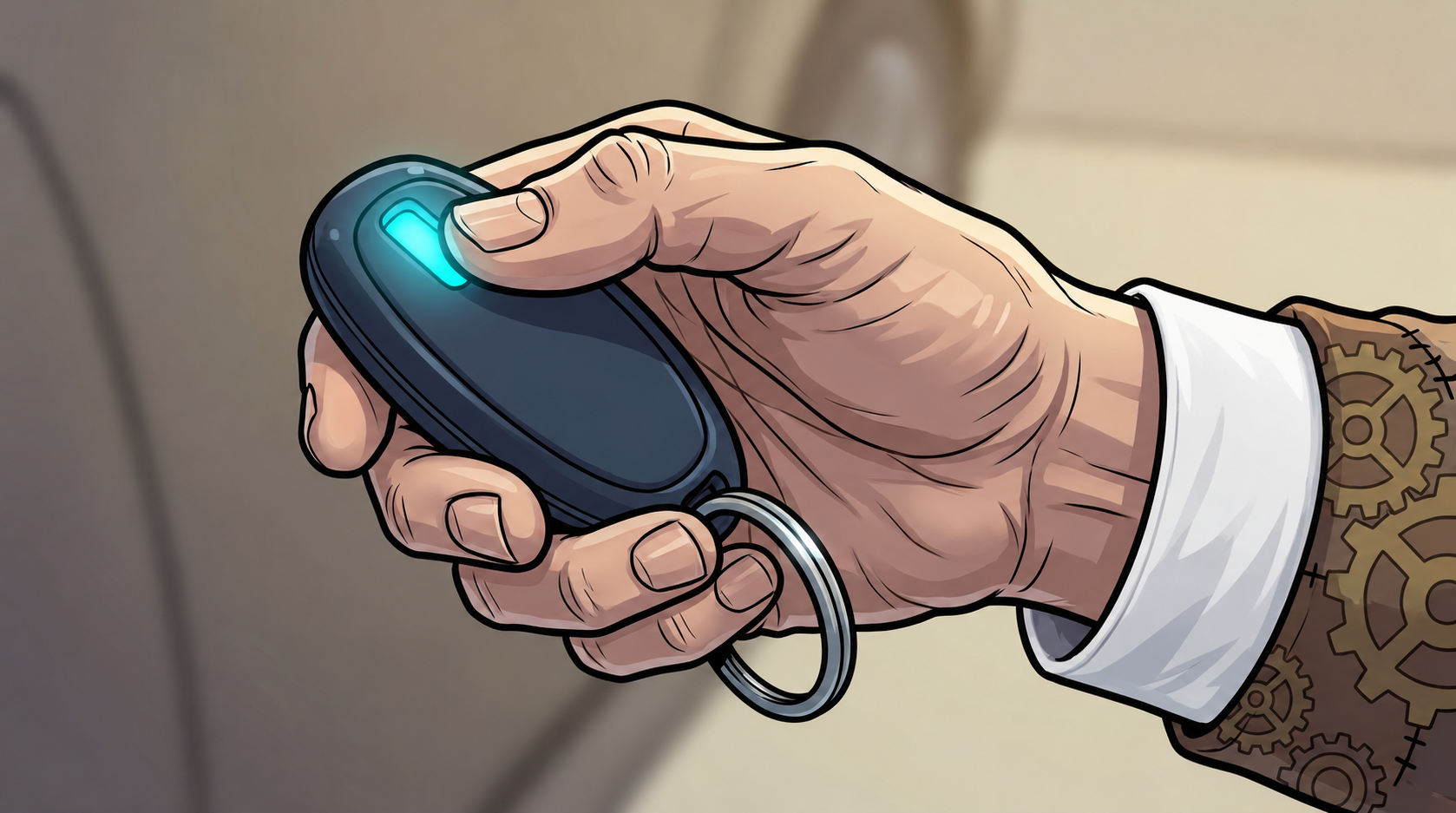 Barney holds a key fob, its small indicator glowing blue.