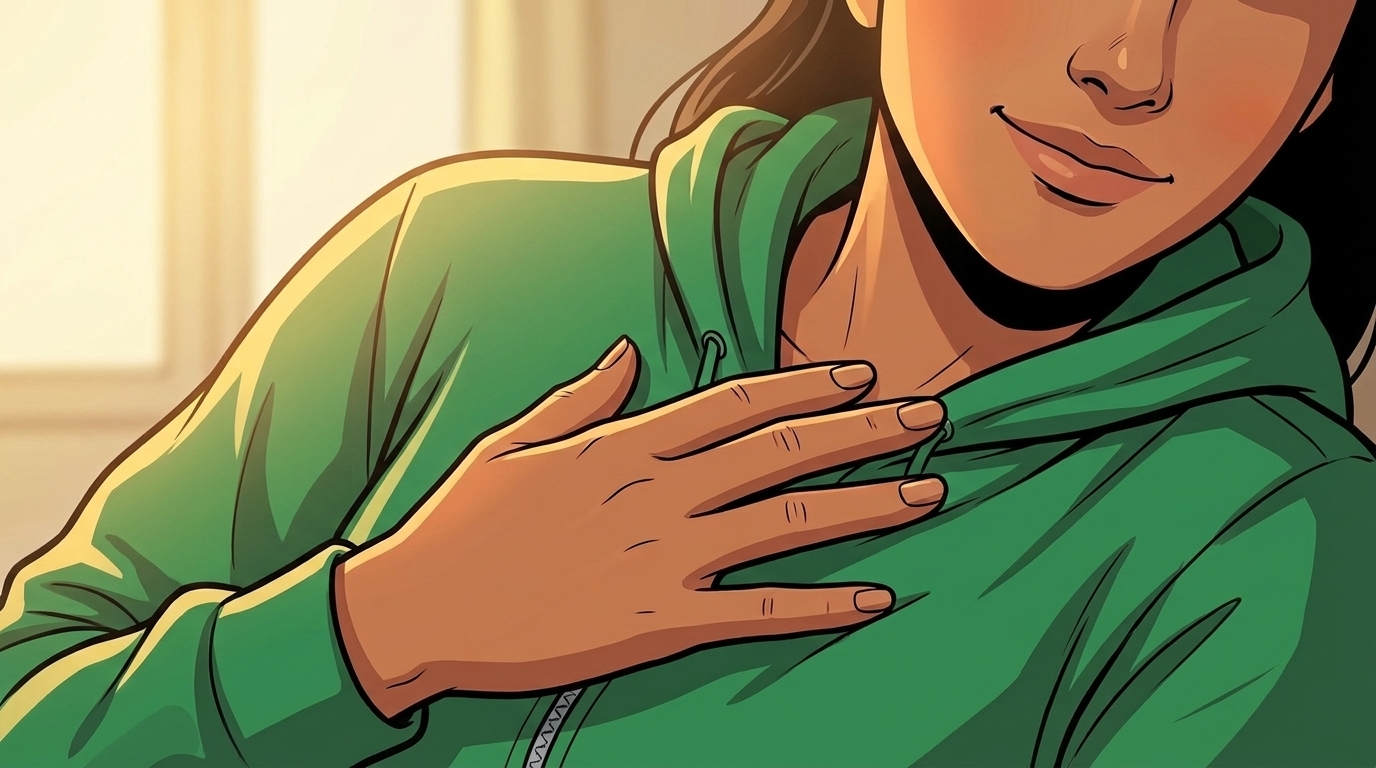 Ketty touches her chest gently while reassuring Mina.