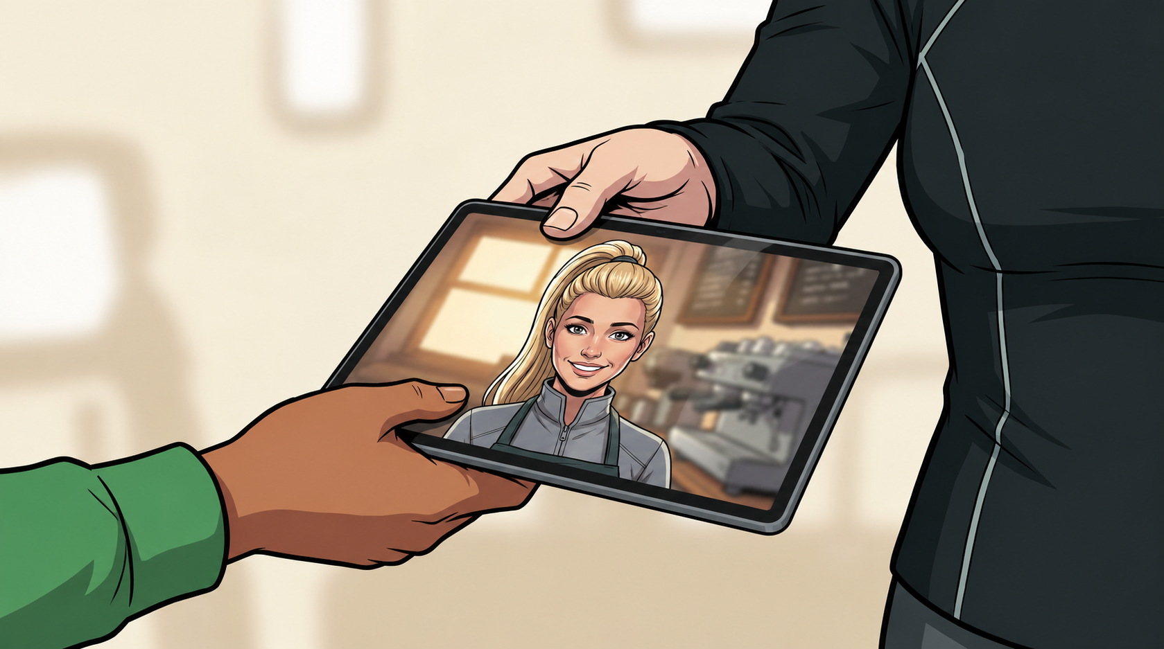 Ketty and Dexy hold a tablet with Mina visible on its front during their video call.