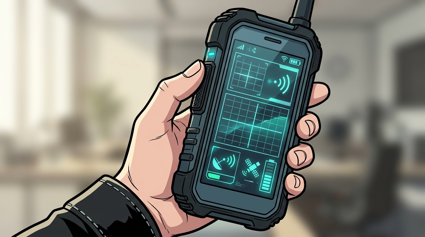 A hand holds a rugged satellite handset displaying the verified headquarters link.