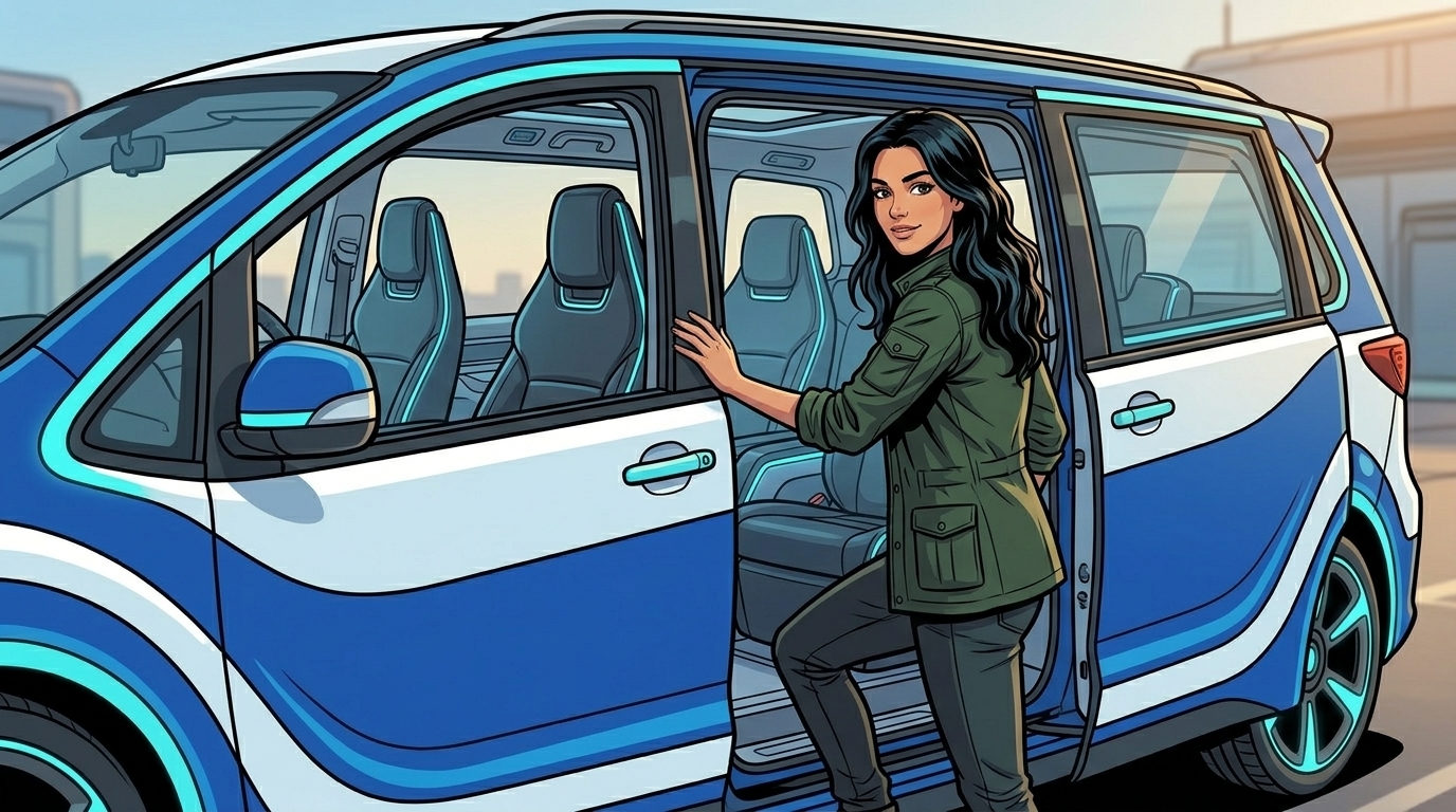 Ketty steps into the team’s blue-and-white car through its open side door.