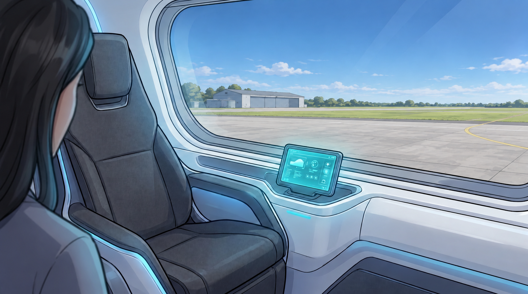From the aircraft cabin, Ketty looks past a seat toward the airfield outside the window before departure.