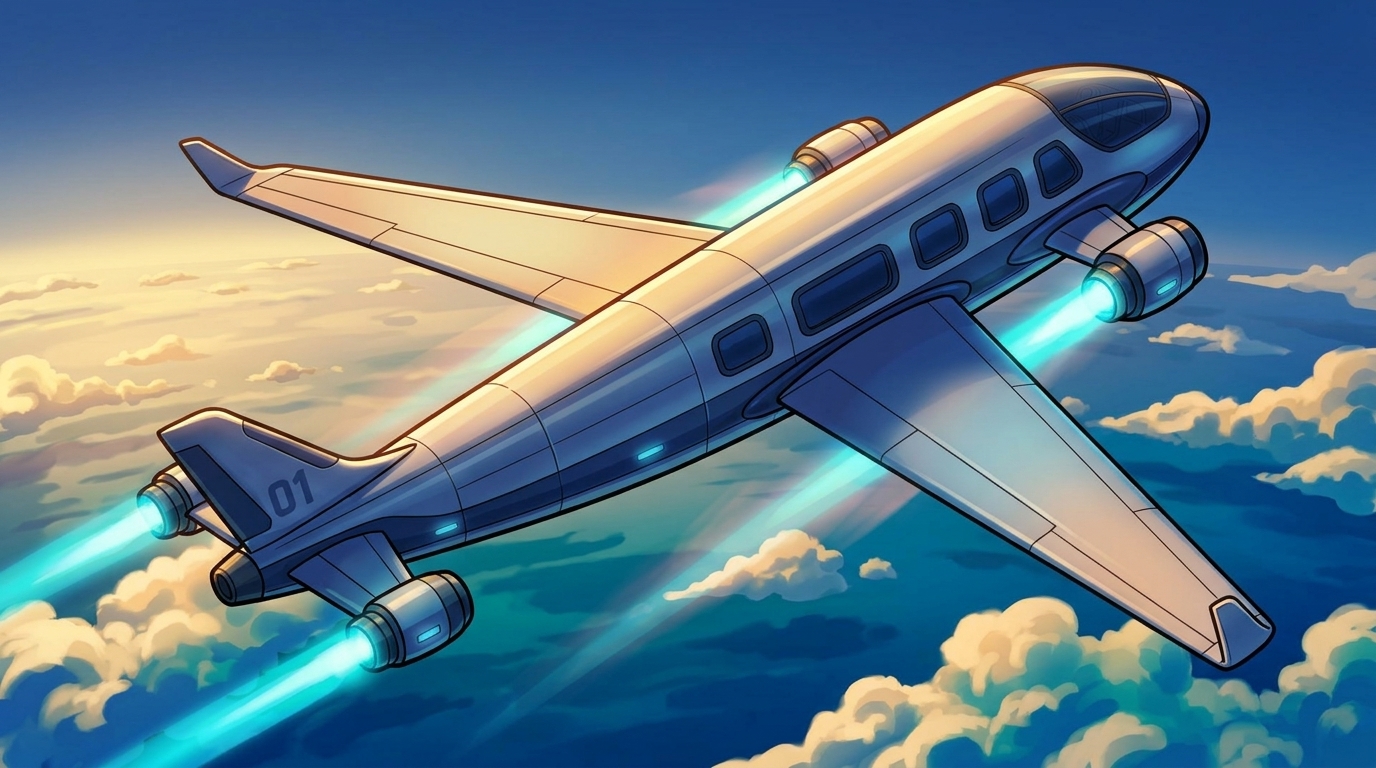 The aircraft climbs above sunlit clouds, its cyan-lit engines glowing against the blue sky.