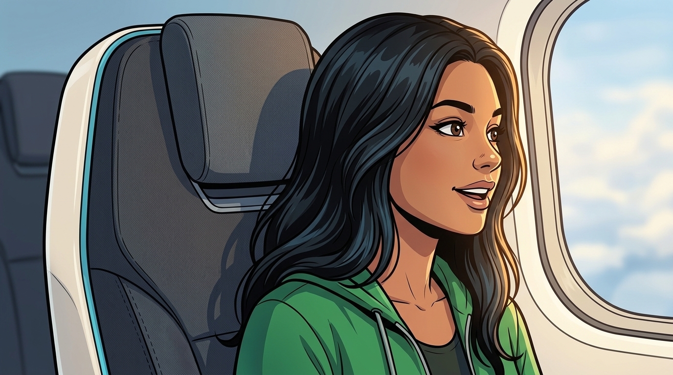 Ketty smiles with delight as she watches the clouds through the aircraft window.