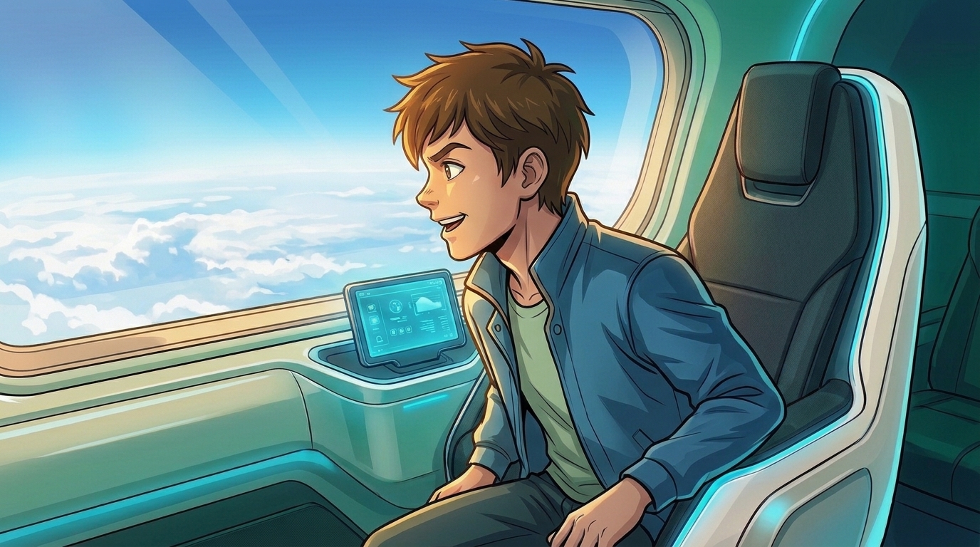 Kaz smiles from his window seat, with bright clouds outside and a small display beside him.