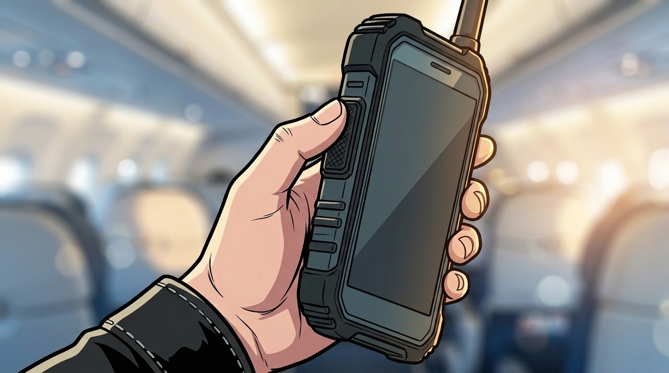 The satellite handset shows a connected private voice link inside the aircraft cabin.