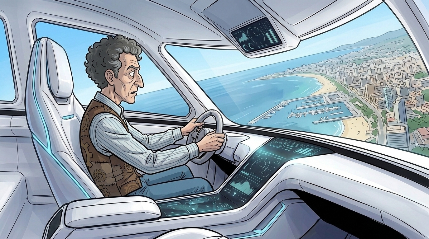 Barney approaches Luma with a modern waterfront city visible through the aircraft windscreen.