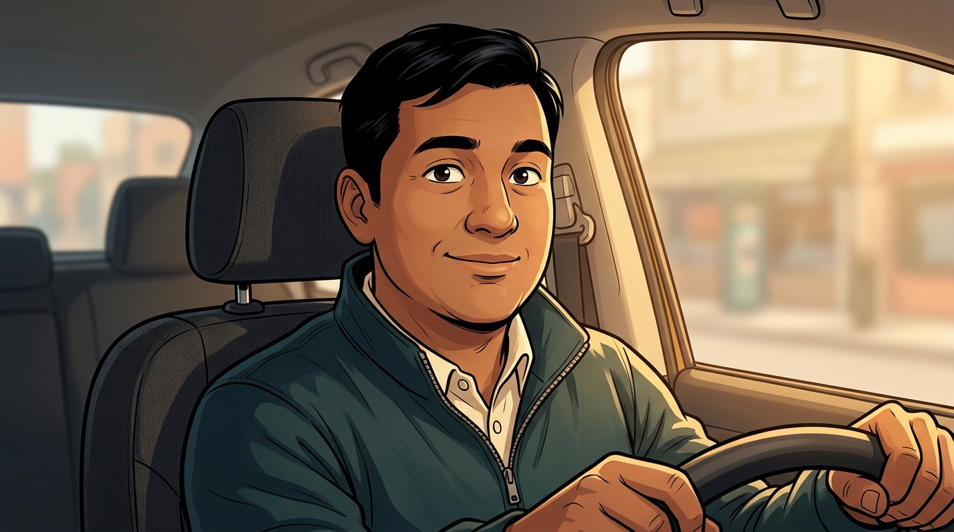 Tavi drives the local taxi, smiling as he describes the service network.