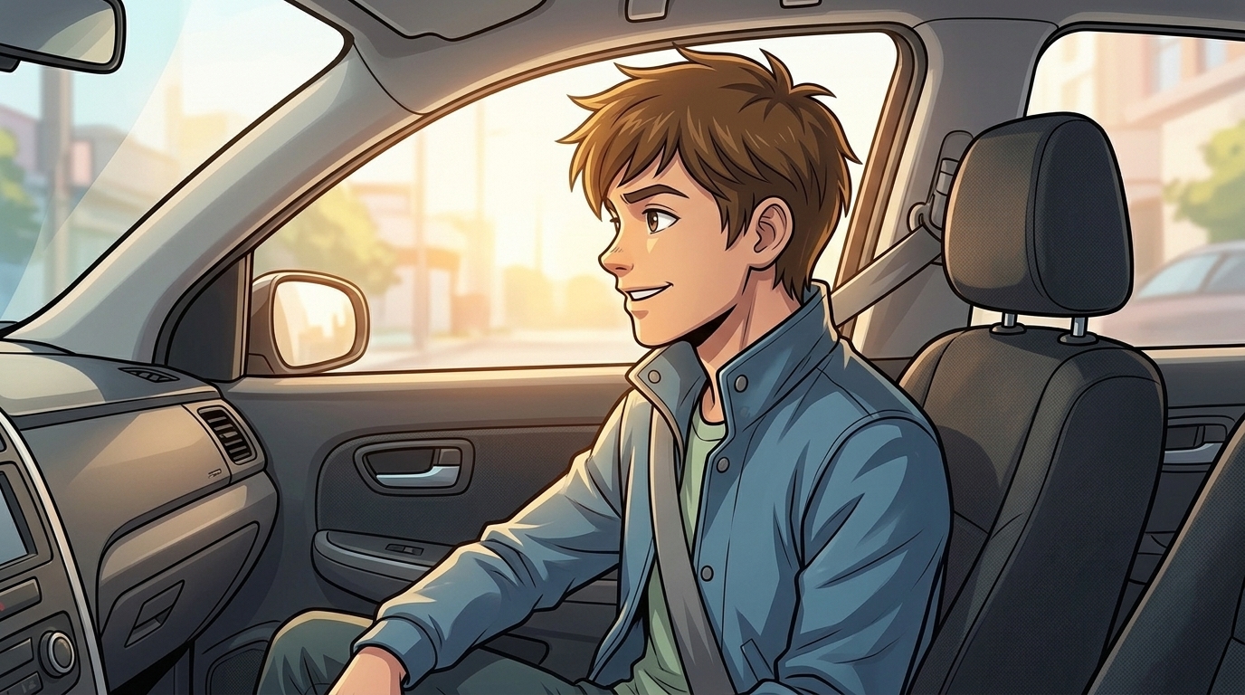 Kaz chats with Tavi from a belted passenger seat in the taxi.