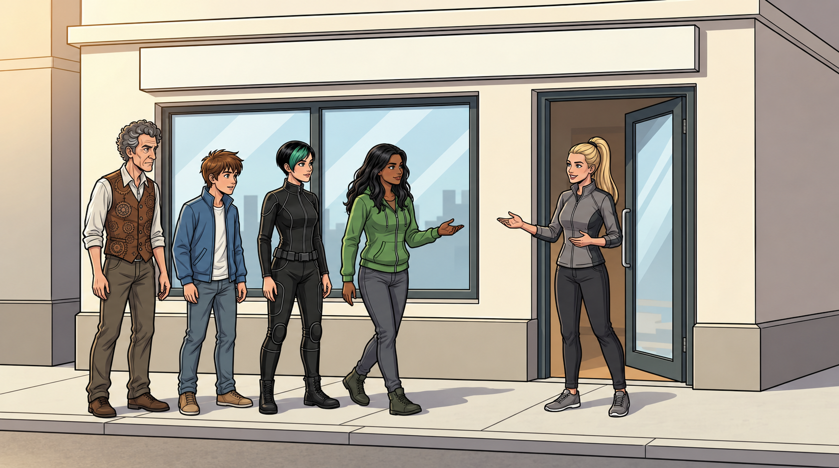 Mina greets Ketty, Kaz, Dexy and Barney outside her café.