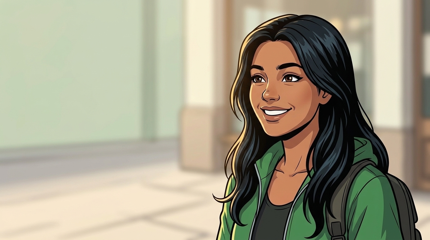 Ketty smiles outside the café as she recognises Mina.