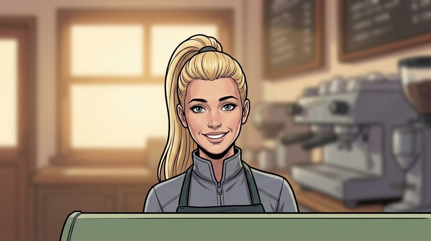 Mina welcomes the team from behind the café counter, with the espresso machine nearby.