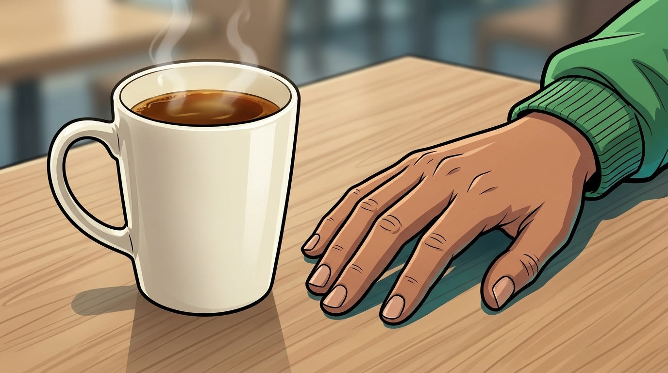An ivory cup of steaming coffee rests on the table beside Ketty’s hand.