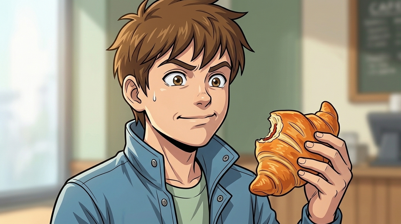 Kaz holds a bitten pastry, trying to smile as a bead of sweat forms beside his face.