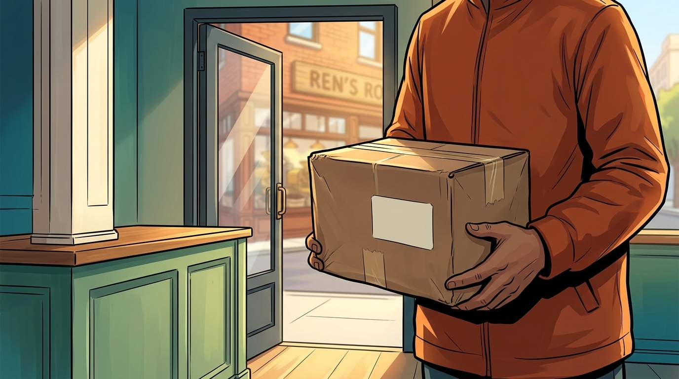 An orange-clad courier arrives at the café holding a sealed parcel of coffee filters for Mina.