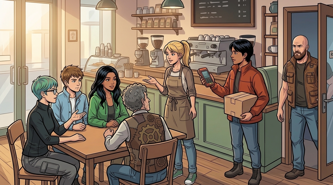 Ren arrives in Mina’s café while the team and courier sit and stand around a table beside the counter.
