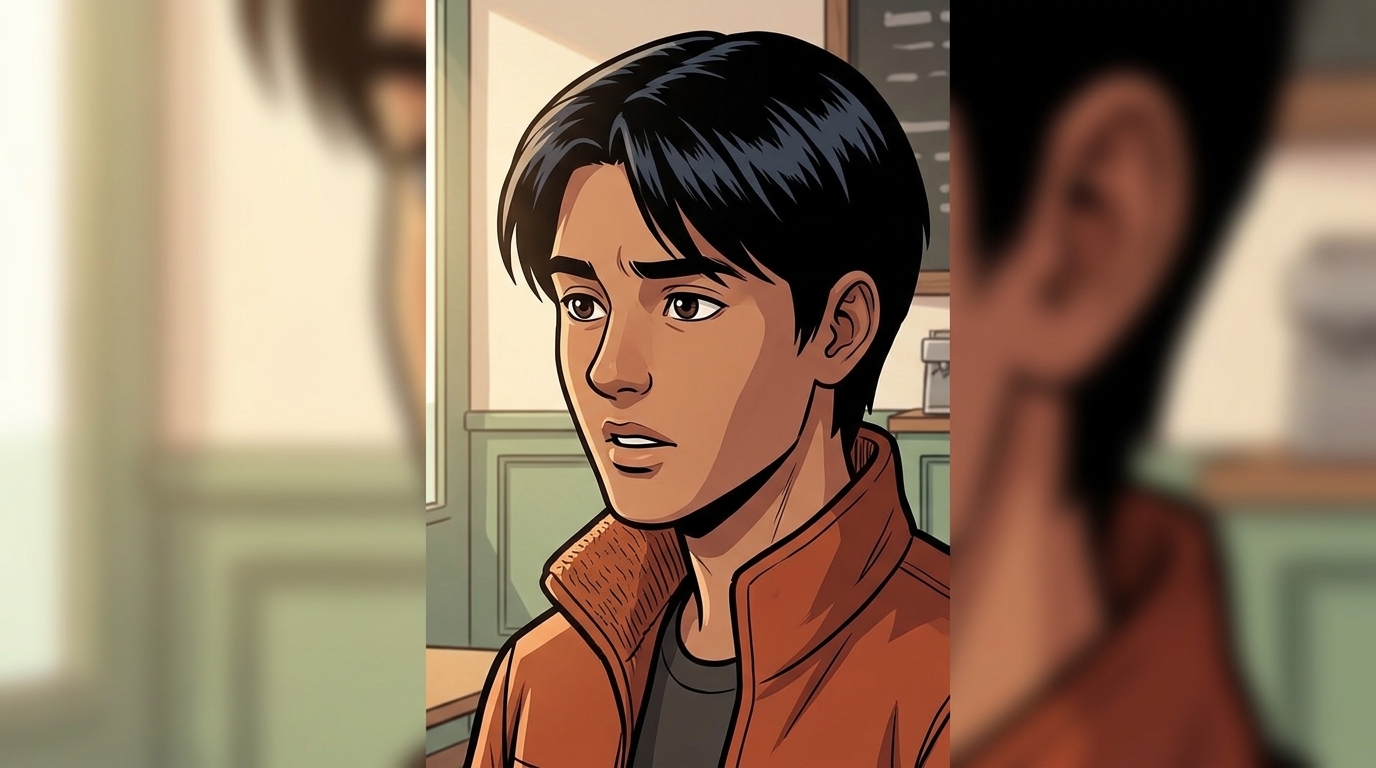 The courier looks puzzled as he recalls his previous stop, with the café behind him.