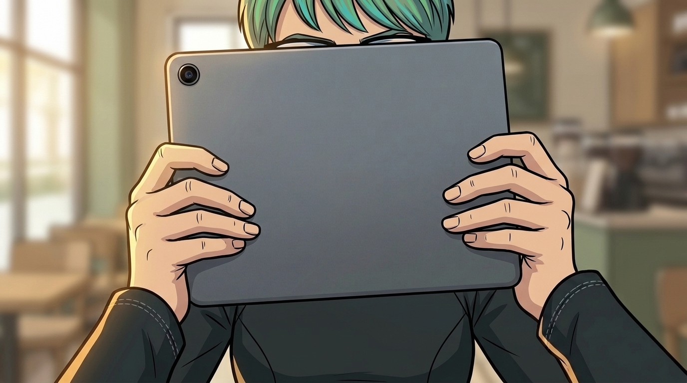 Dexy holds the tablet in front of her, its plain graphite back facing the reader as she makes a copy.