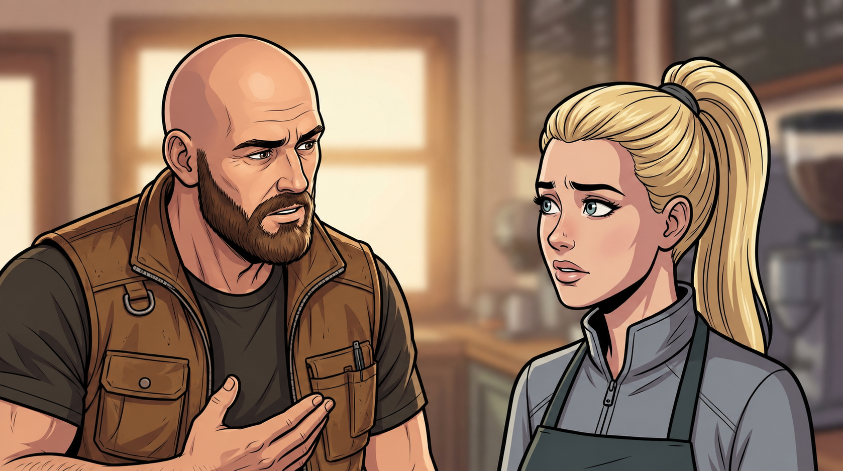 Ren speaks with Mina in the café; both look concerned about the misunderstanding.