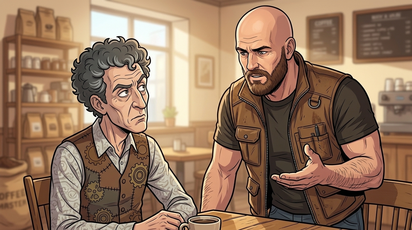 Ren stands beside Barney at the café table as they discuss borrowing his delivery trike.