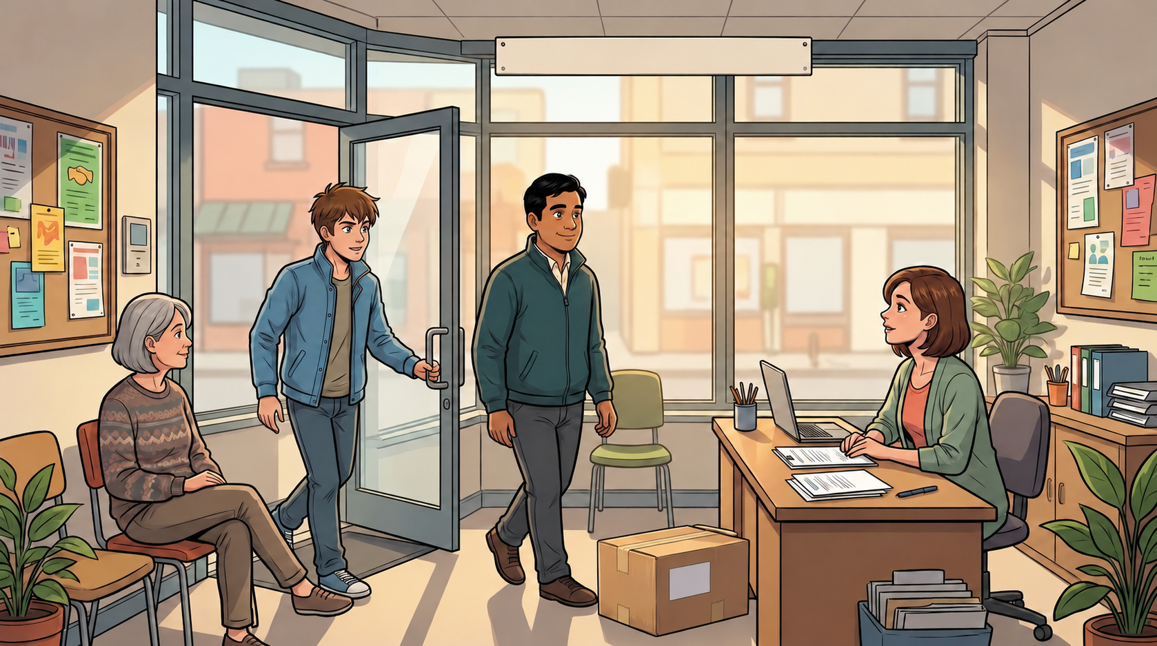 Tavi introduces Kaz at the neighbourhood help desk, where Nessa is working and residents wait nearby.