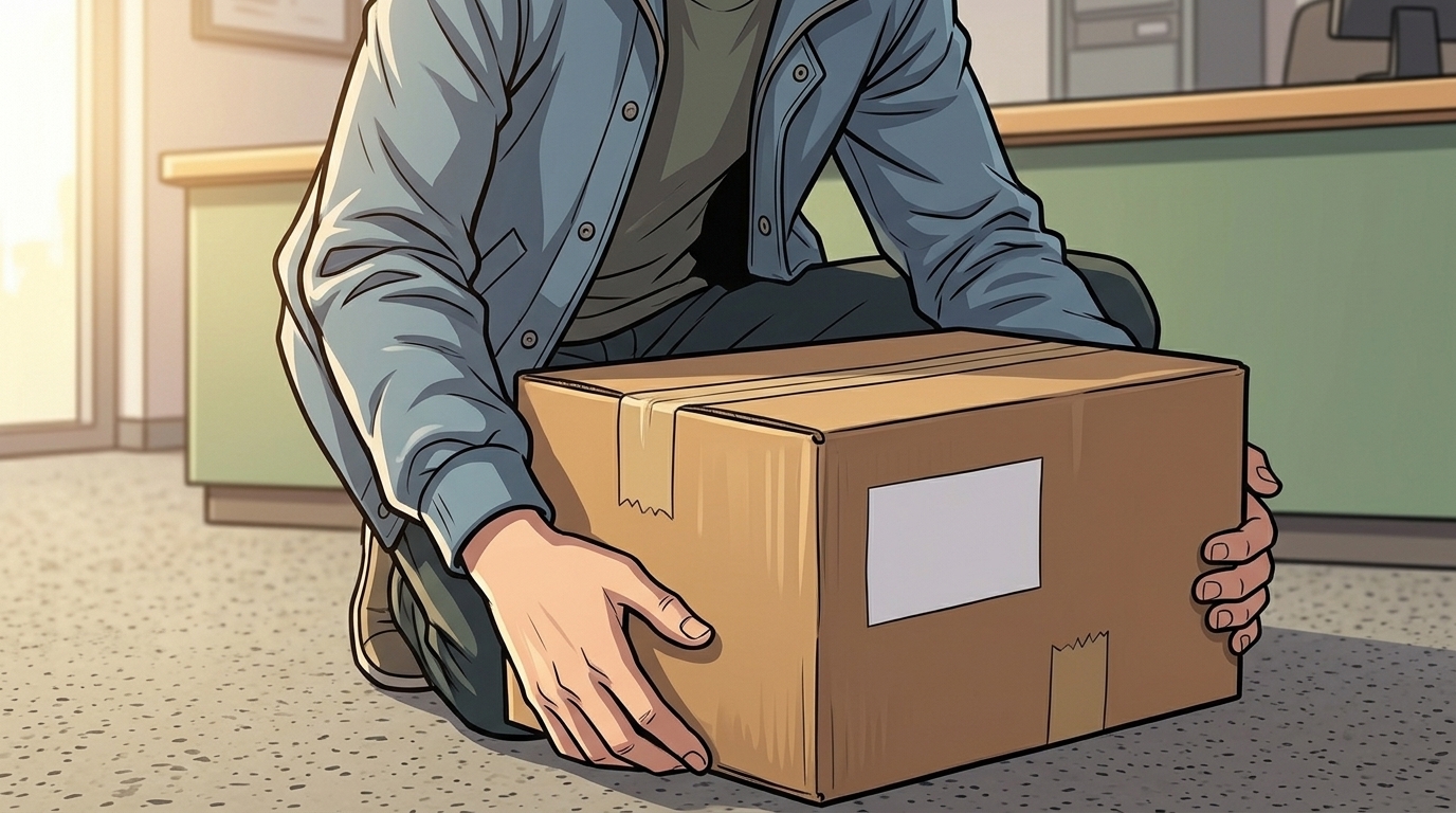 Kaz lifts a carton of printer paper with both hands at the help desk.